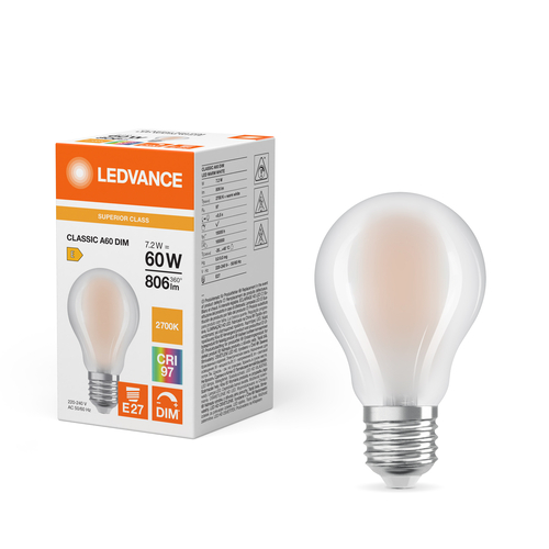 szklana żarówka ściemnialna filament LED Ledvance 7.2W 2700K CRI-97